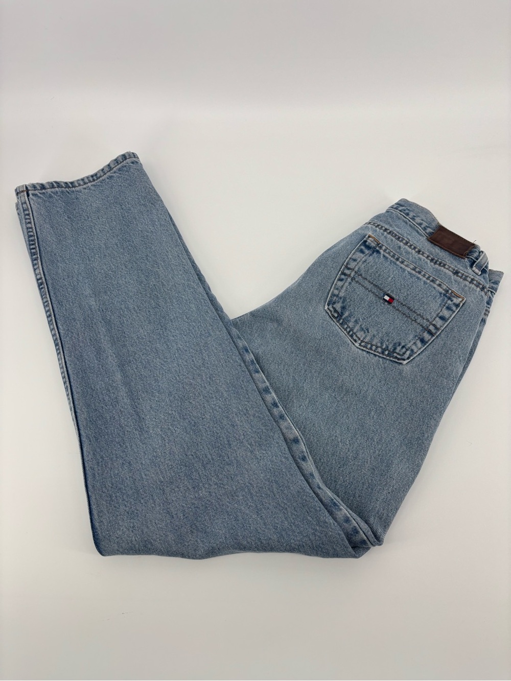 Vtg 90s Tommy Hilfiger Jeans Mens 32x33 Light Wash Straight Flag Pocket Leather